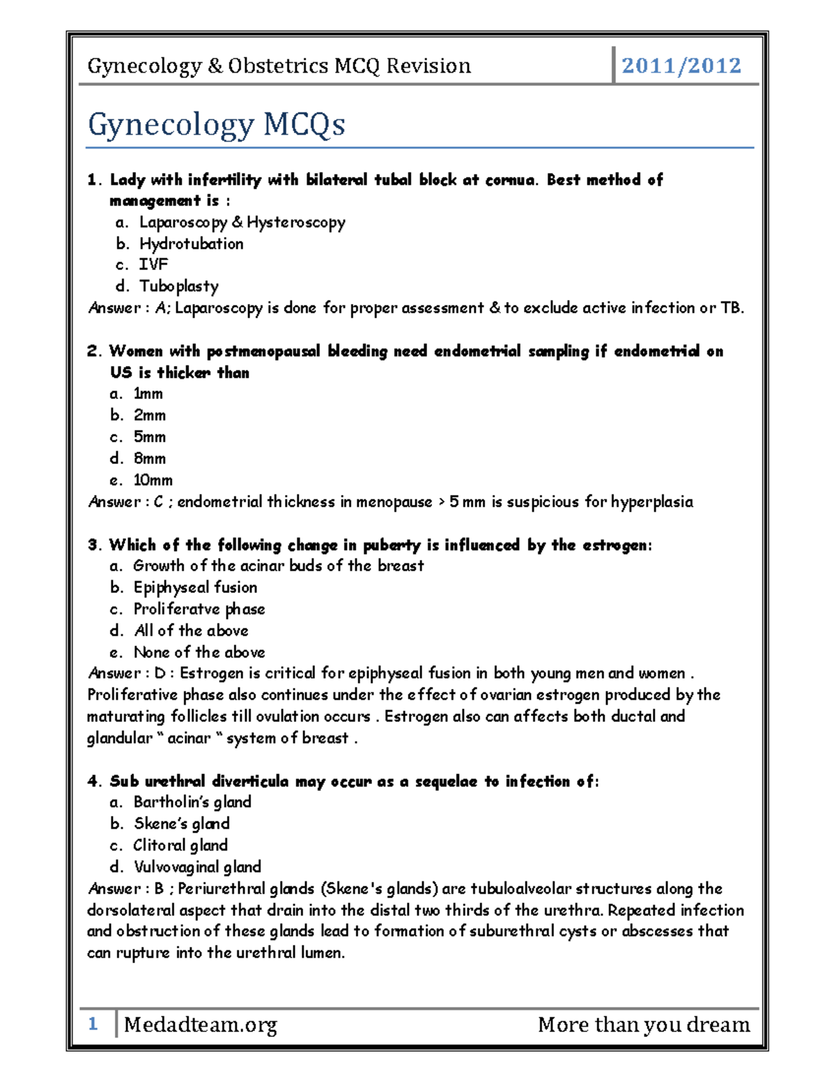 Gynecology Obstetrics Mcq Revision Gynecology Mcqs Studocu