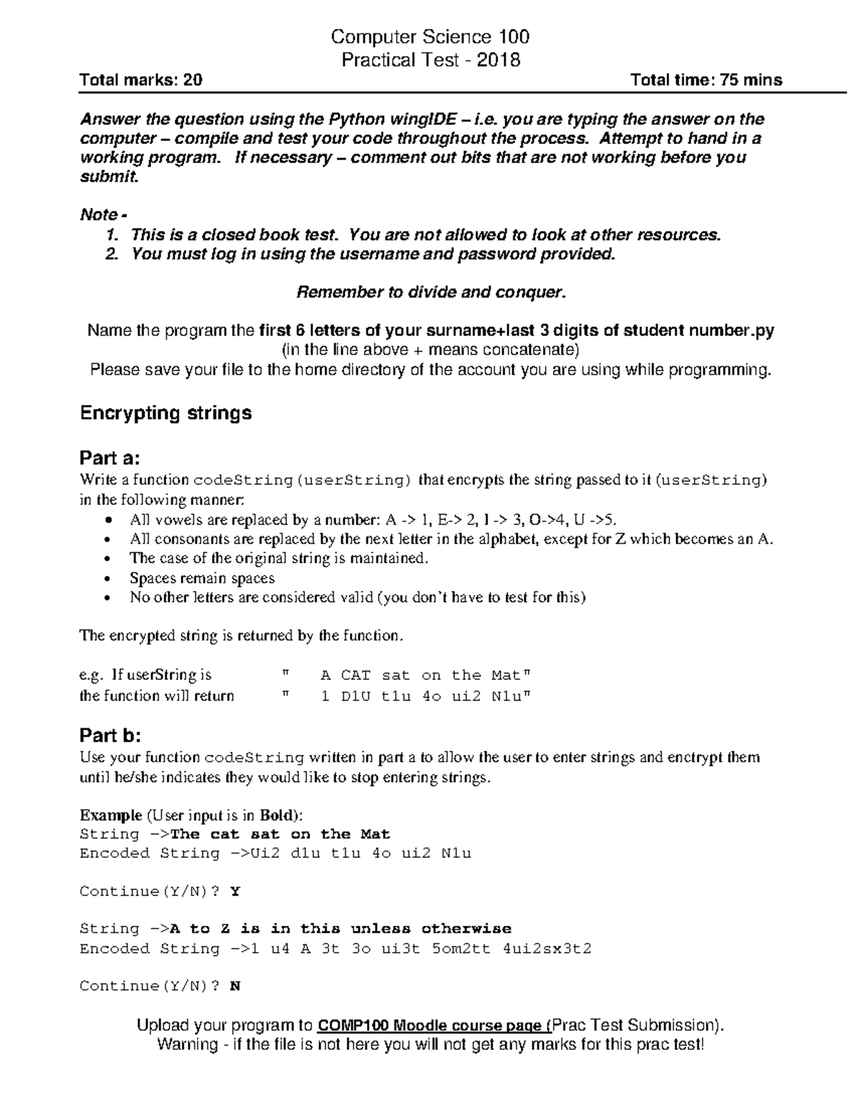 COMP100 practest 2018 - practical test - Computer Science 100 Practical ...