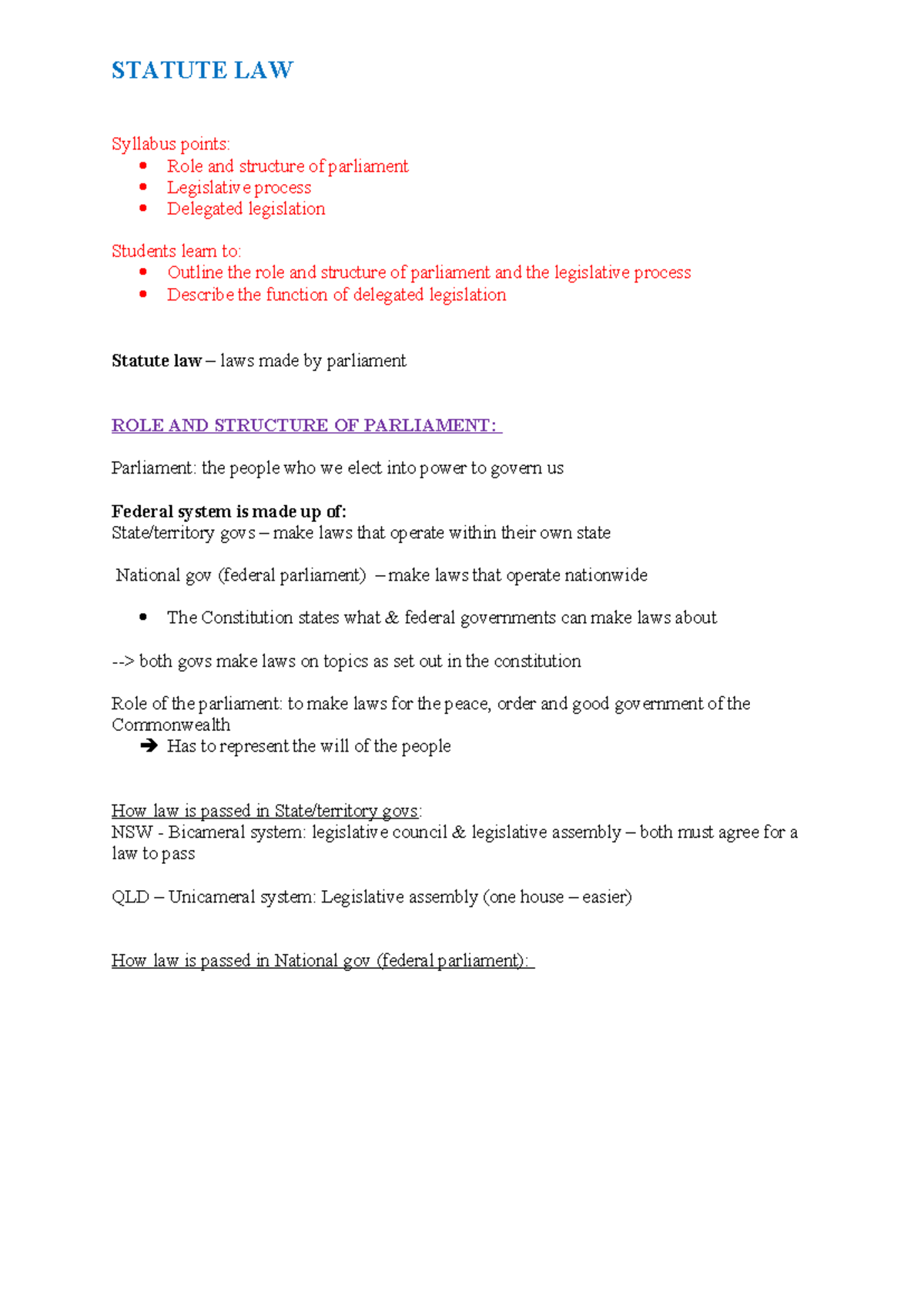 Statute law - atomi - STATUTE LAW Syllabus points: Role and structure ...