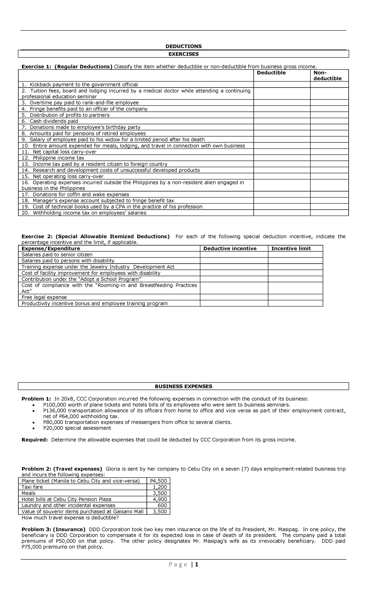 11. Deductions-student - DEDUCTIONS EXERCISES Exercise 1: (Regular ...