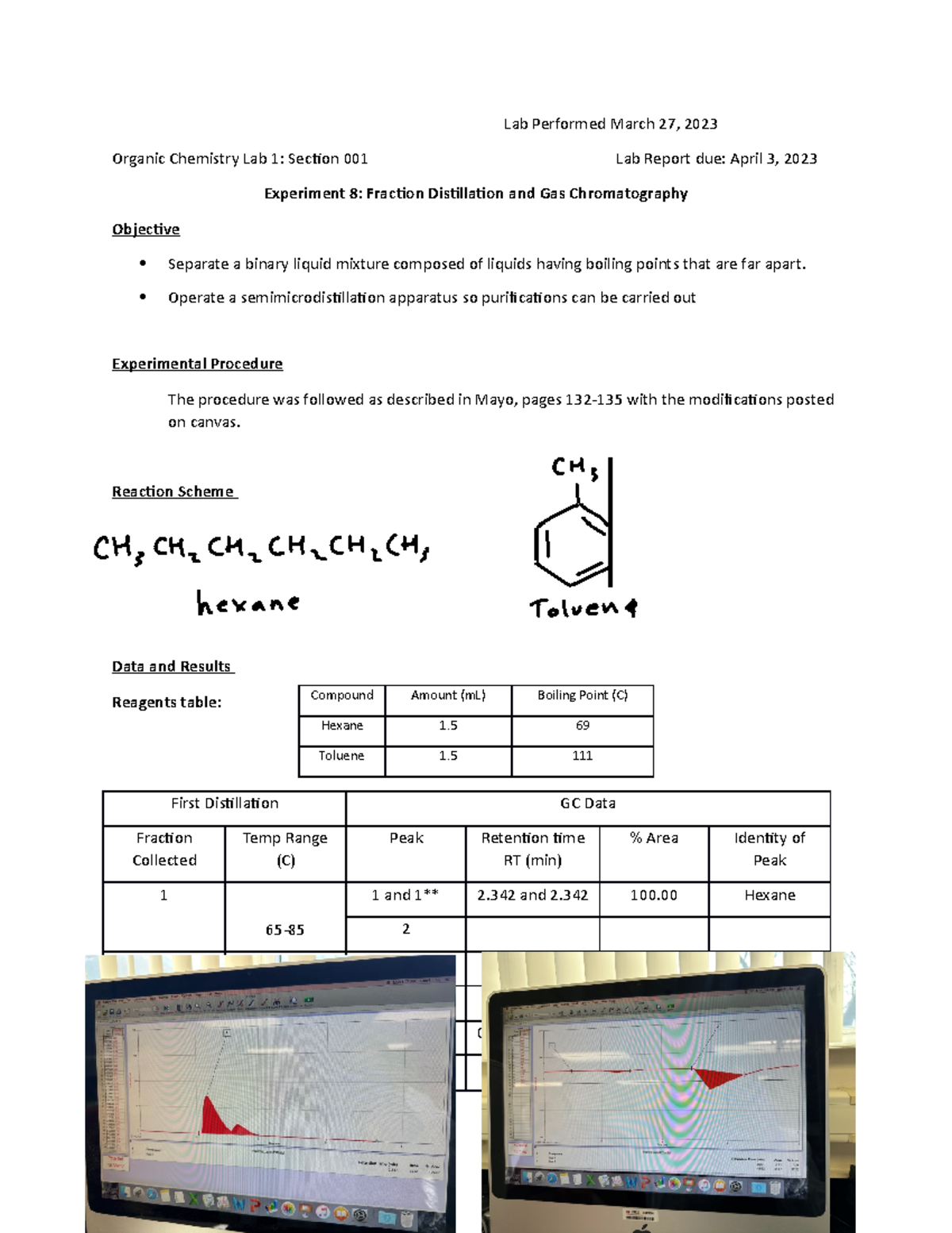 Lab report 8 Fraction distillation and gas chromatography Lab