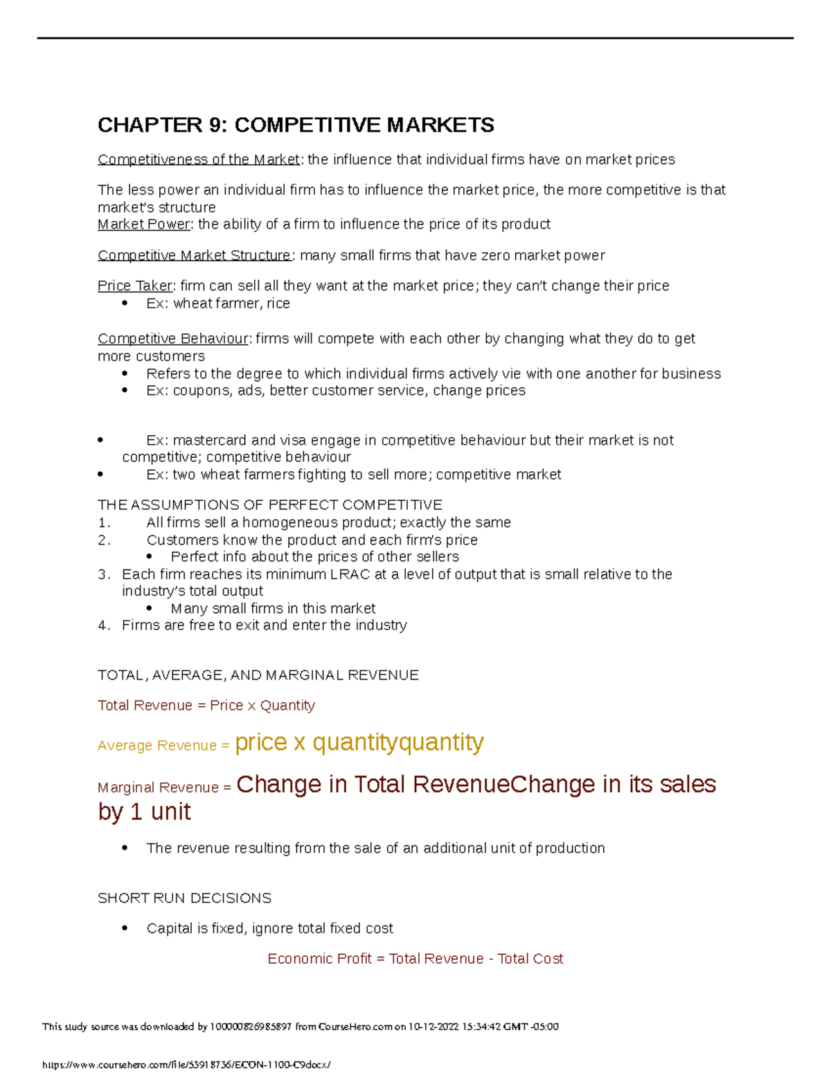 ECON 1100 C9 - Notes - CHAPTER 9: COMPETITIVE MARKETS Competitiveness ...