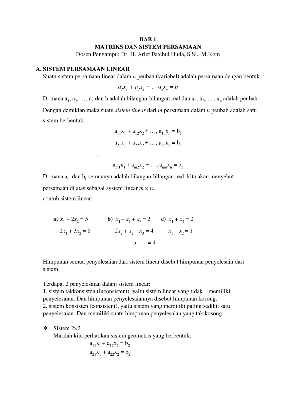 BAB 1 Aljabar Linear Elementer - BAB 1 MATRIKS DAN SISTEM PERSAMAAN ...