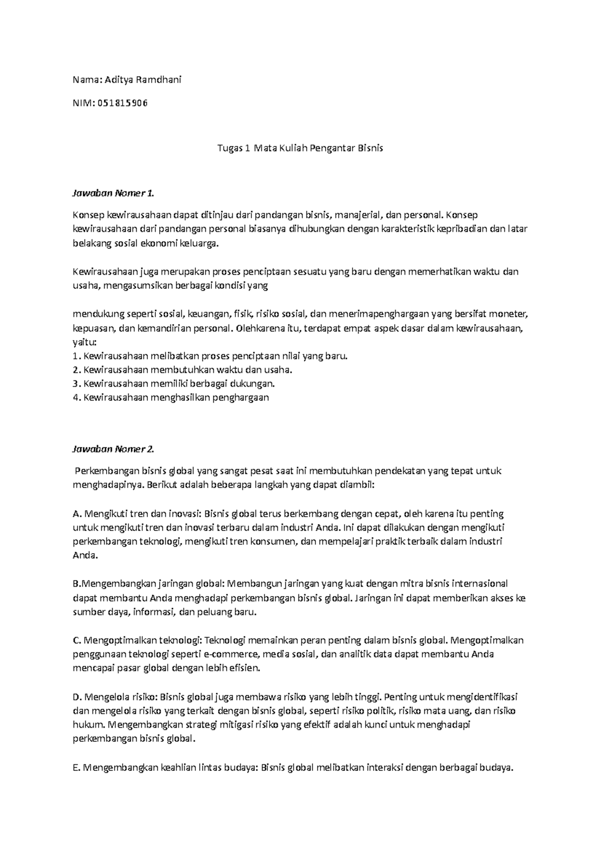 Tugas 1 Pengantar Bisnis - Nama: Aditya Ramdhani NIM: 051815906 Tugas 1 ...