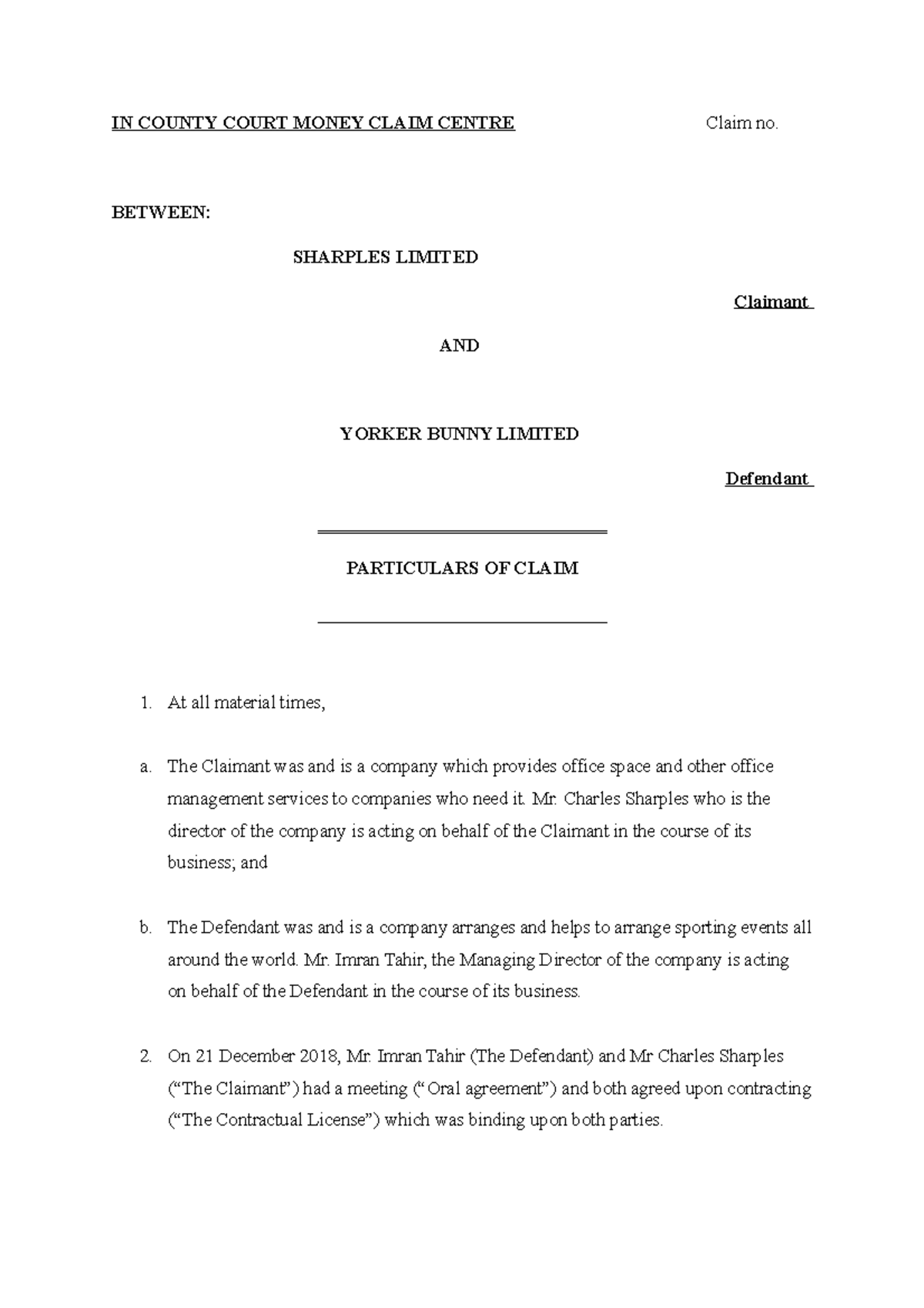 Drafting EXAM IN COUNTY COURT MONEY CLAIM CENTRE Claim no. BETWEEN