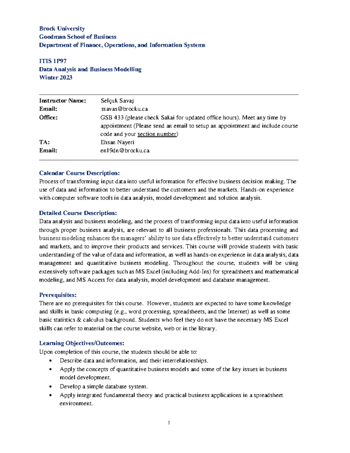 ITIS1P97 W23 Syllabus-1 - Brock University Goodman School Of Business ...