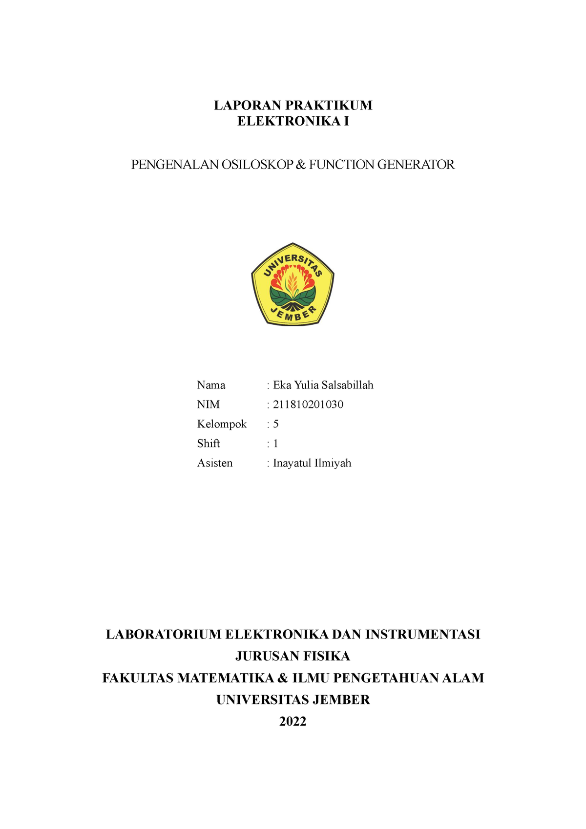 Laporan Praktikum Elektronika I - Modul 1 - EKA Yulia Salsabillah ...