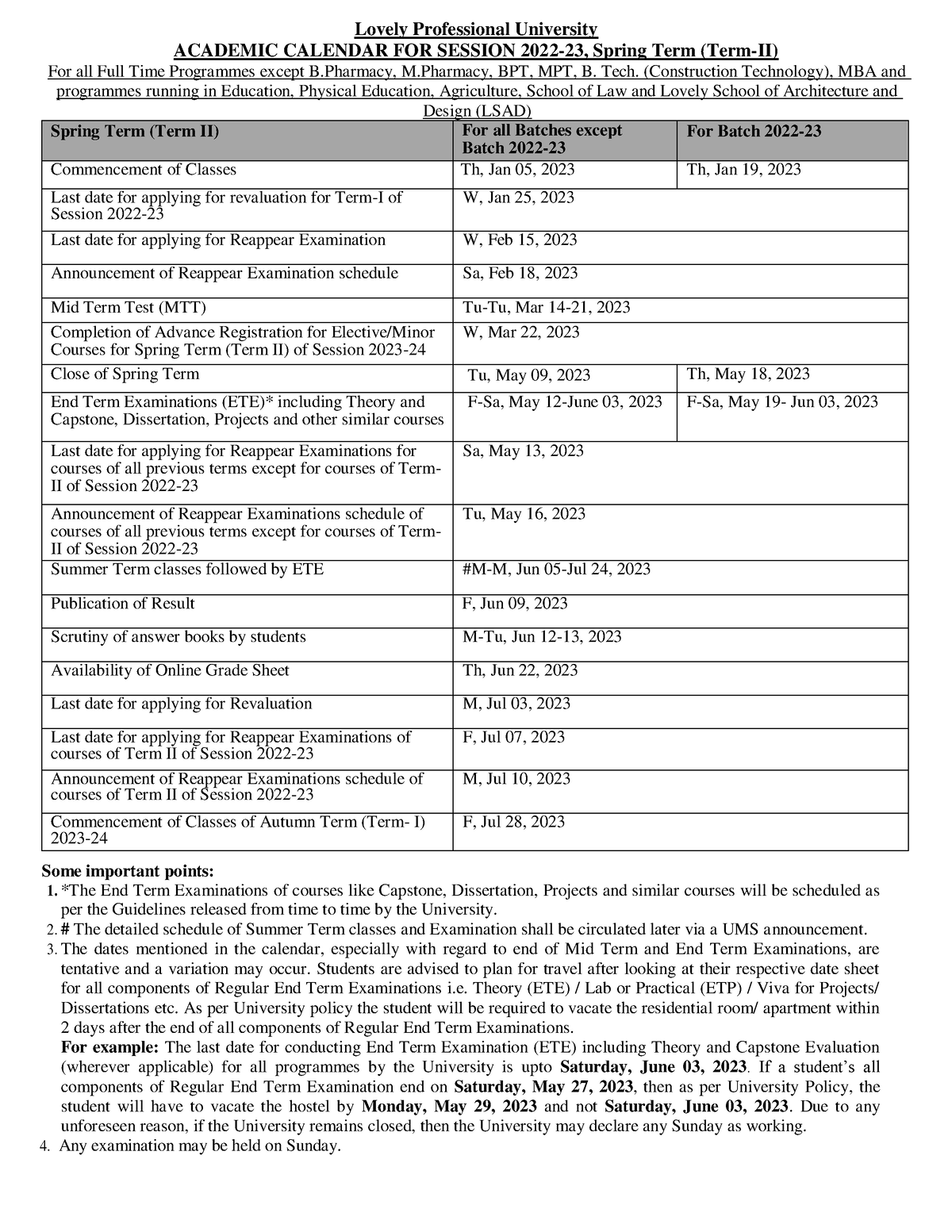 Academic Calendar for Full Time Programmes Lovely Professional