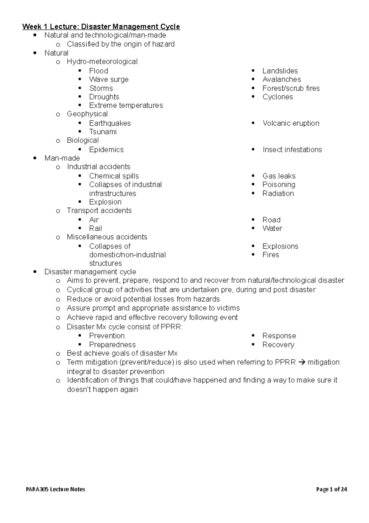 Lecture notes, lectures 1-4 - Week 1 Lecture: Disaster Management Cycle ...