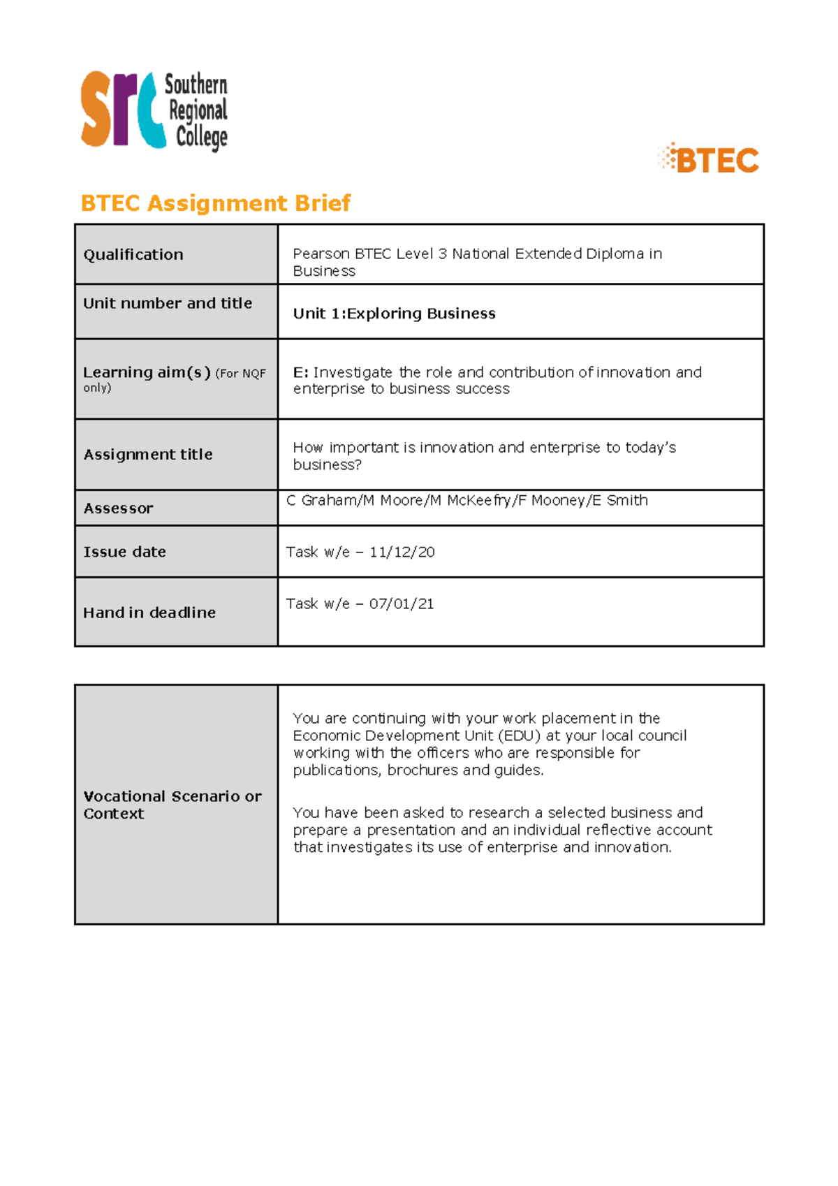 Unit 1 Assignment 3 20-21 - BTEC Assignment Brief Qualification Pearson ...