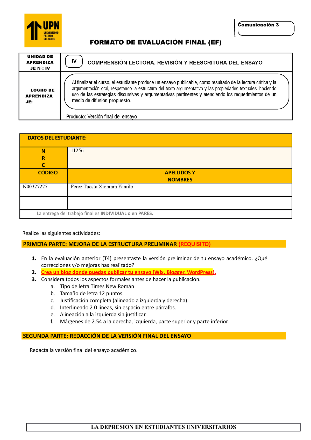 EF COM3 Grupo - Comunacion 3 - FORMATO DE EVALUACIÓN FINAL (EF) UNIDAD ...