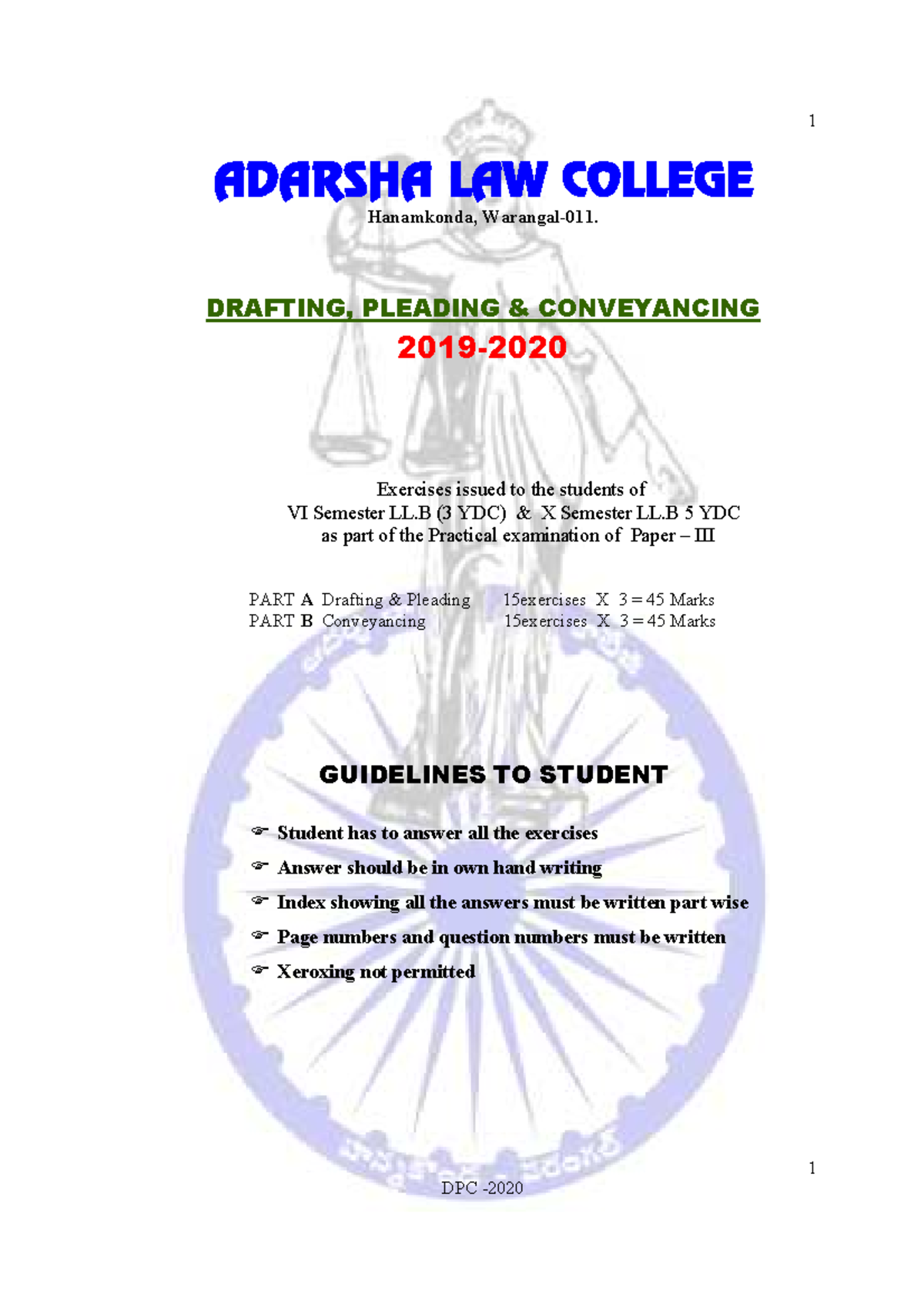 Dpc question paper for 2020 1 ADARSHA LAW COLLEGE Hanamkonda