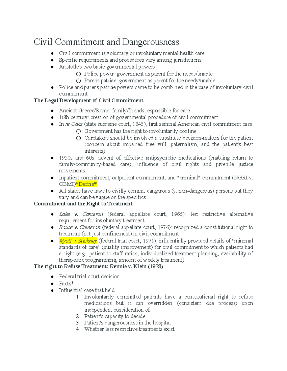 Ch 9 notes - Civil Commitment and Dangerousness - Civil Commitment and ...