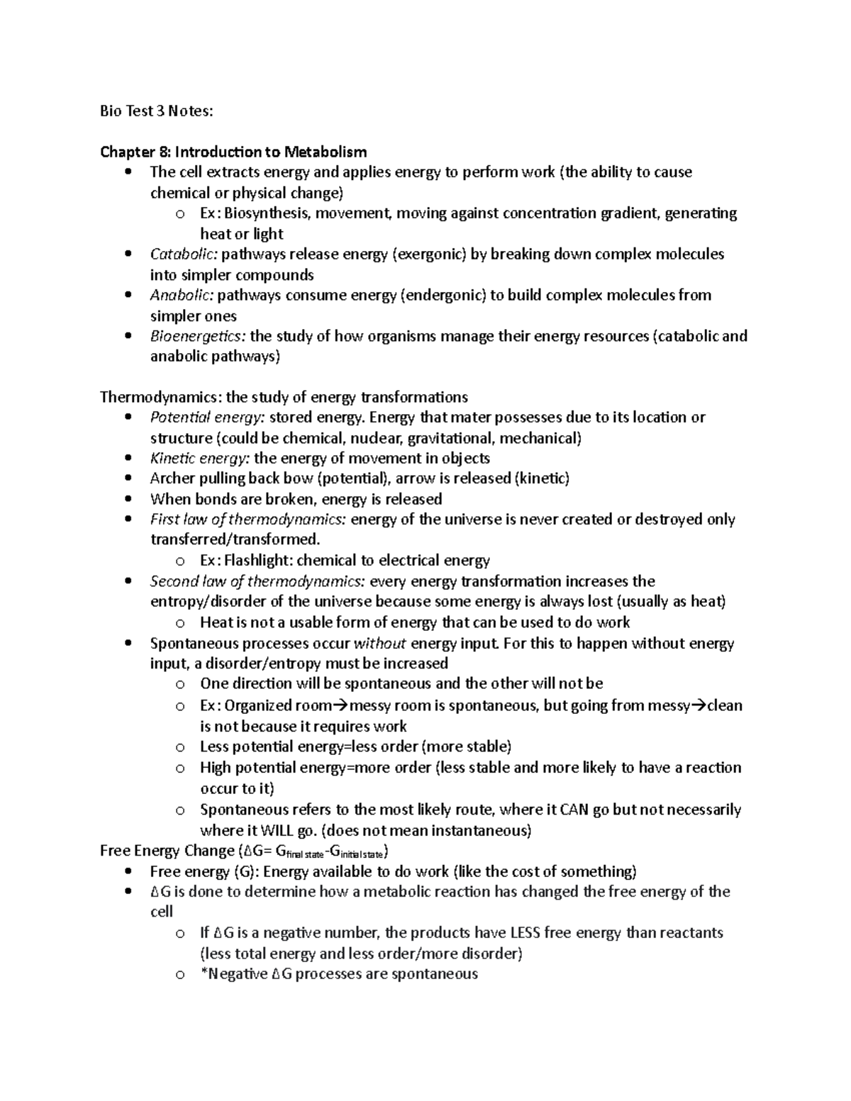 Bio 203 Test 3 Notes - Bio Test 3 Notes: Chapter 8: Introduction to ...