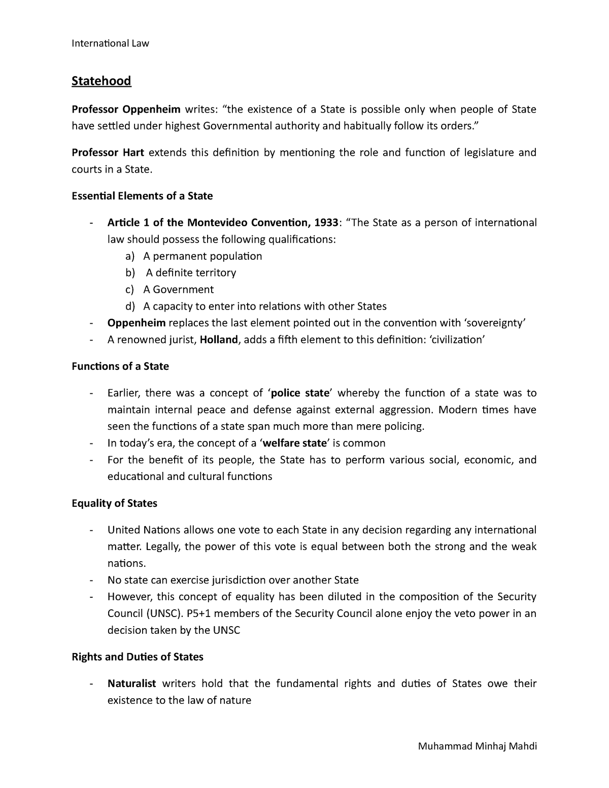 statehood in international law essay