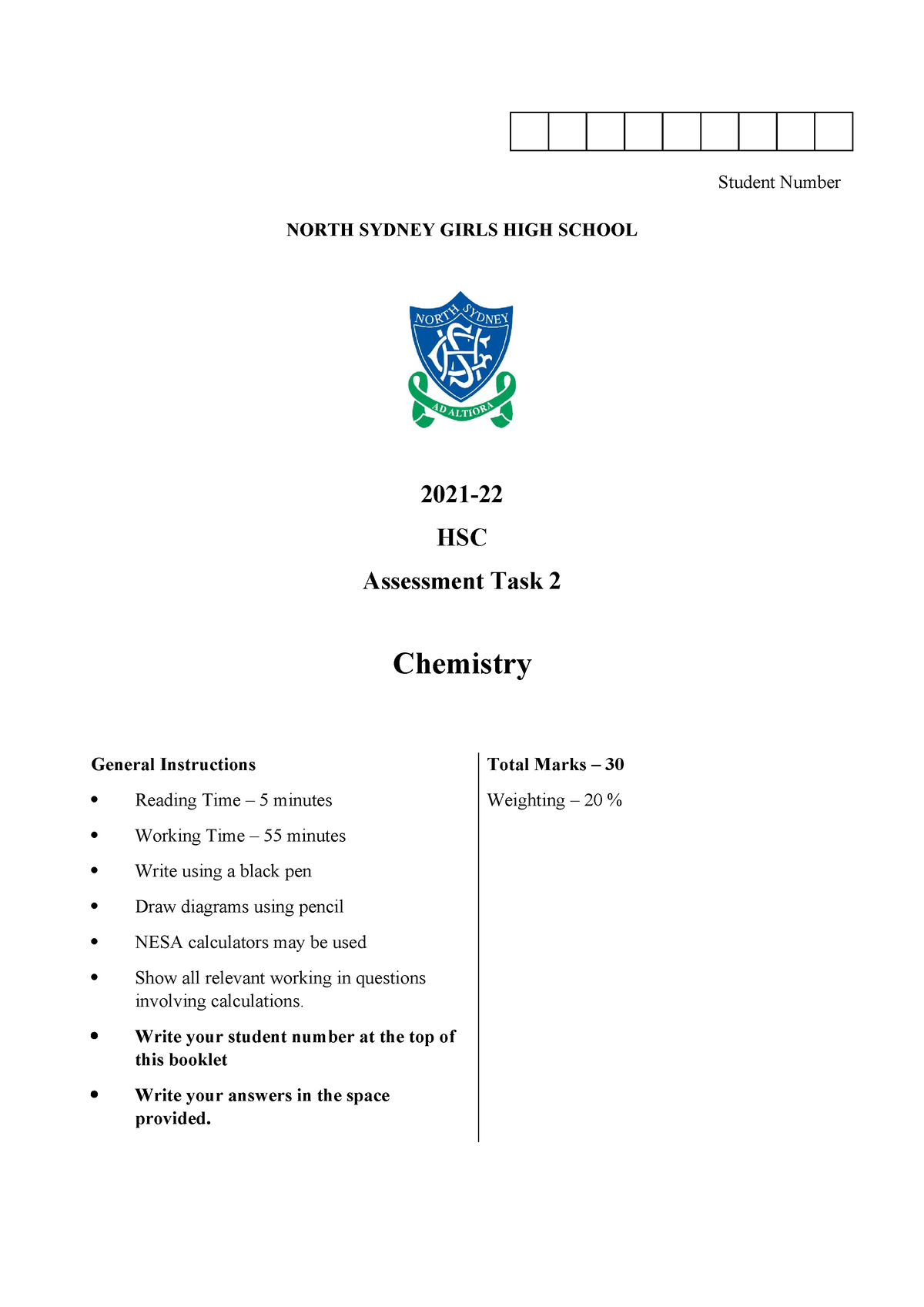 Nsghs 2021 Year 12 Chemistry Task 2 - NORTH SYDNEY GIRLS HIGH SCHOOL ...