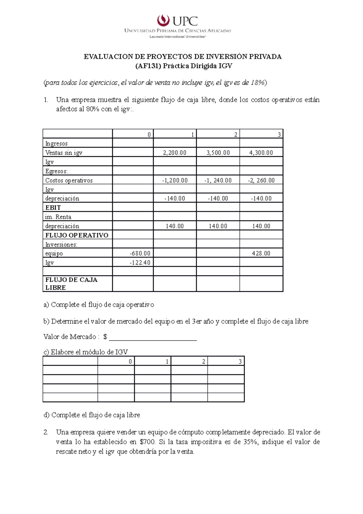 AF131 - Práctica Dirigida IGV Ejercicios - Evaluación De Proyectos De ...