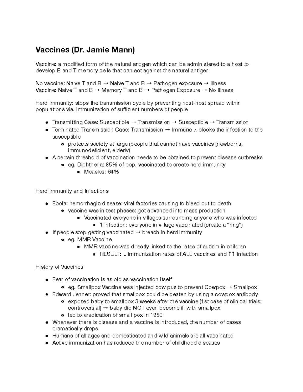 Vaccines - m2500 - Lecture notes 6 - Vaccines (Dr. Jamie Mann) Vaccine ...