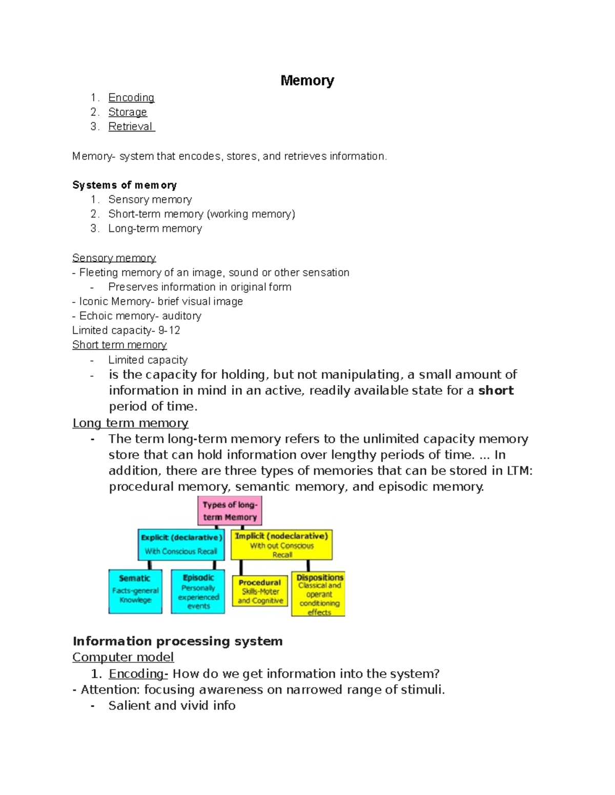 PSY notes for exam 3 - Nathan DeWall - Memory 1. Encoding 2. Storage 3 ...