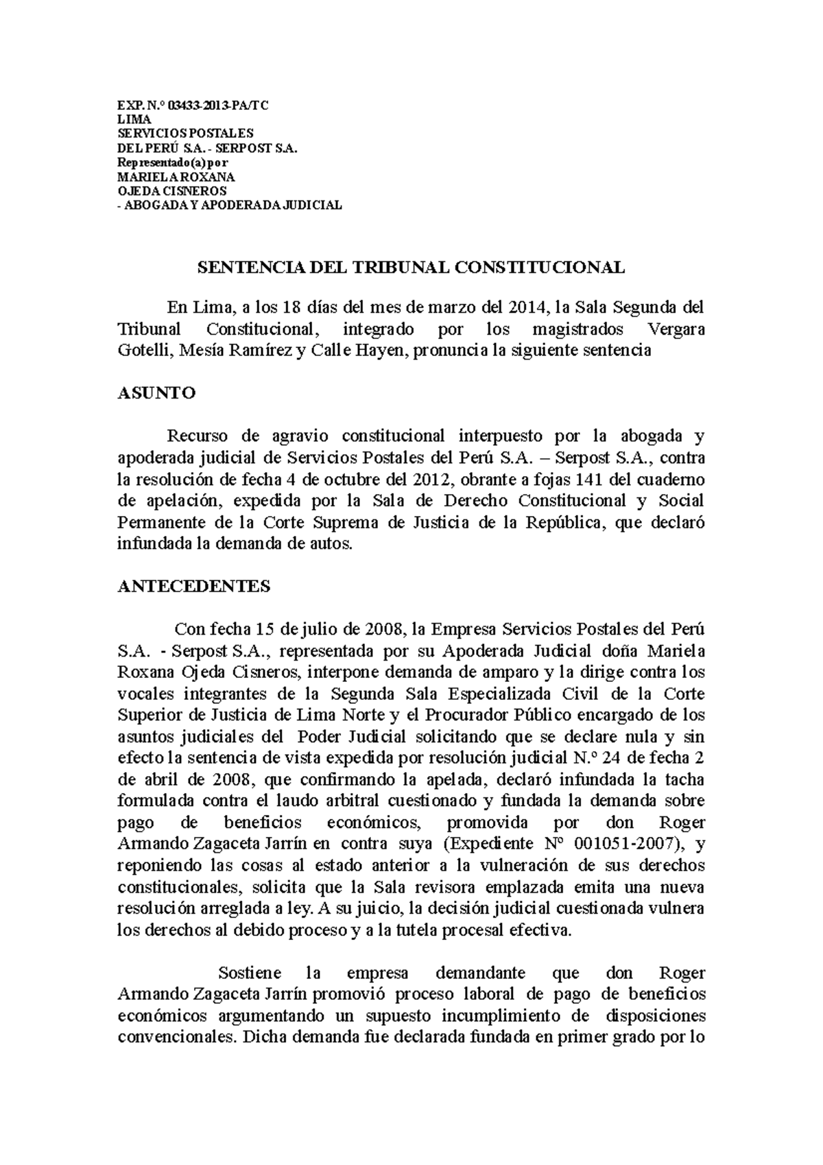 Modelo- Sentencia del tribunal constitucional - EXP. N.° 03433-2013-PA ...