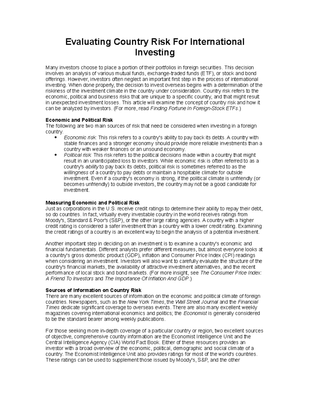 Article - evaluating country risk for international investing ...