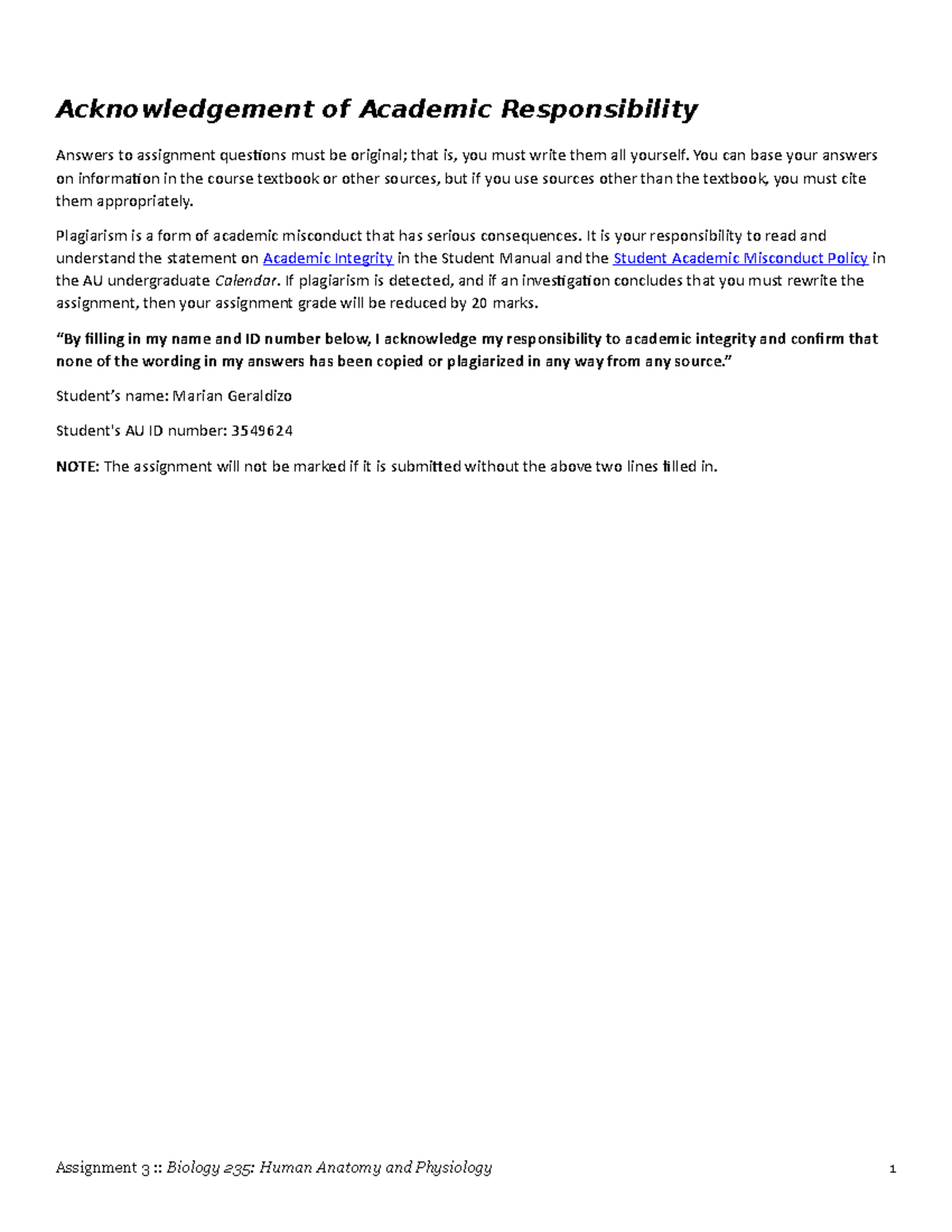 Assignment 03: BIO 235 - Acknowledgement of Academic Responsibility ...