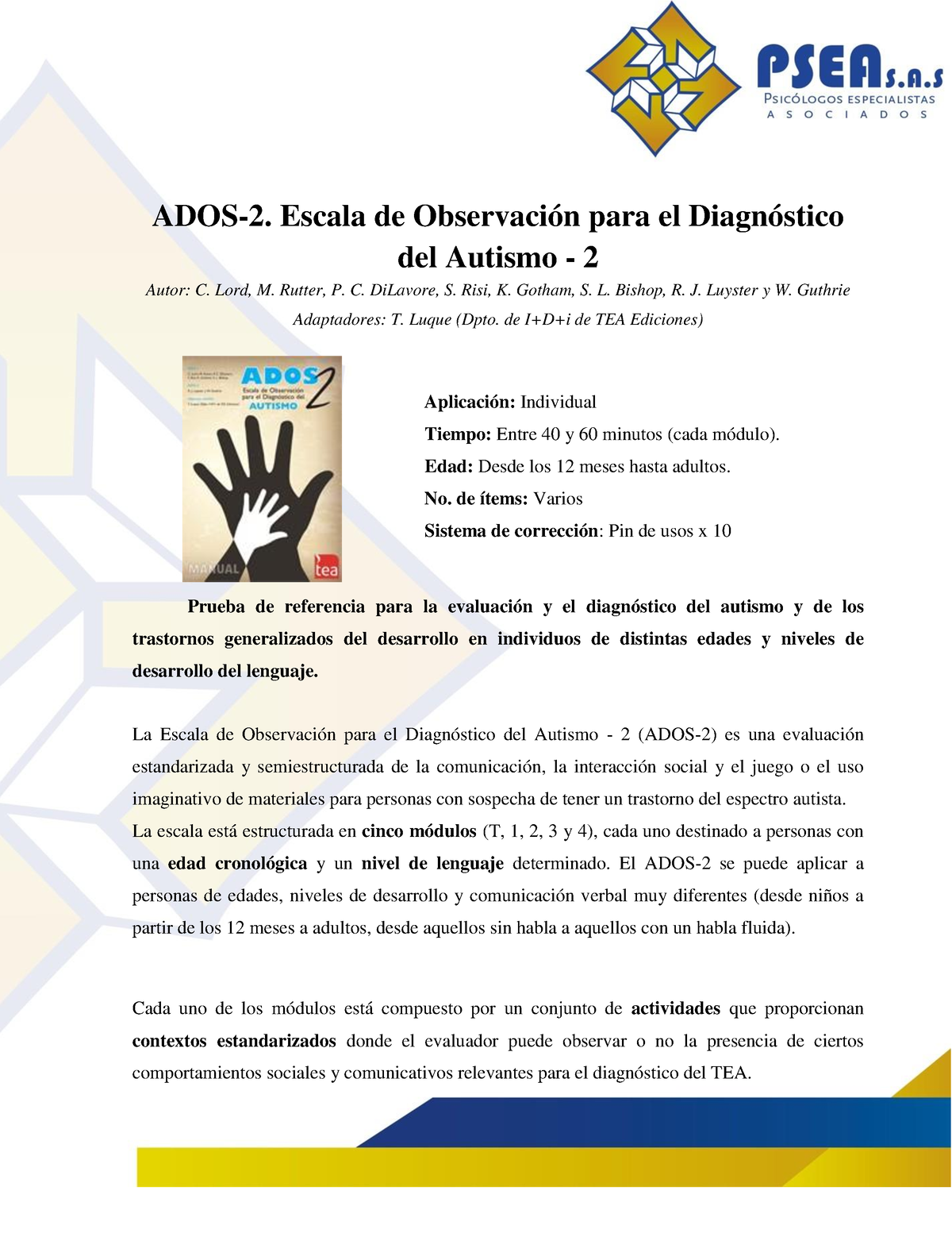 ADOS 2 Escala De Observacion Para El Diagnostico Del Autismo 2 - Taller ...