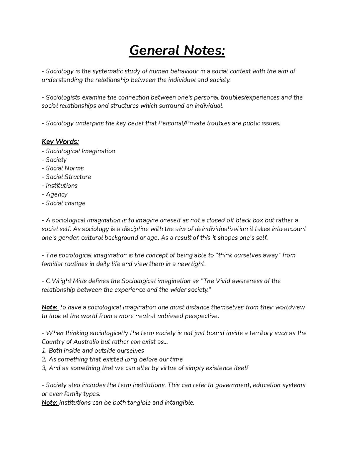 Week 1 Sociology Notes ( The Sociological Imagination ) - General Notes ...