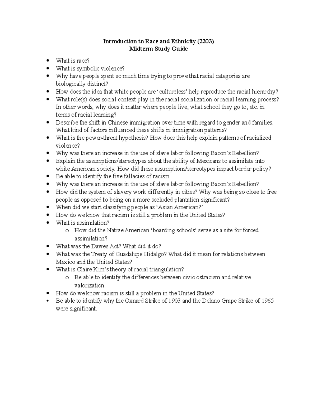Midterm Study Guide Spring 2023 (2203) - Introduction to Race and ...