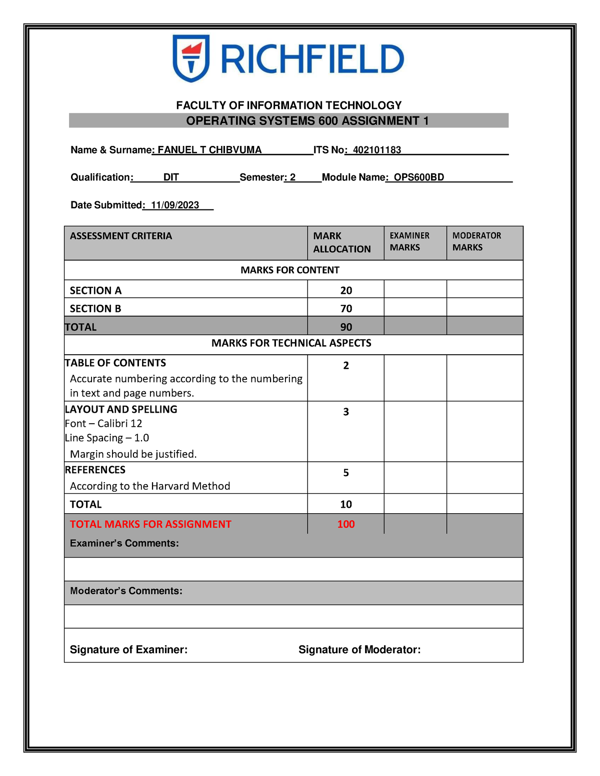 Operating Systems 600 ASS 1 - FACULTY OF INFORMATION TECHNOLOGY ...