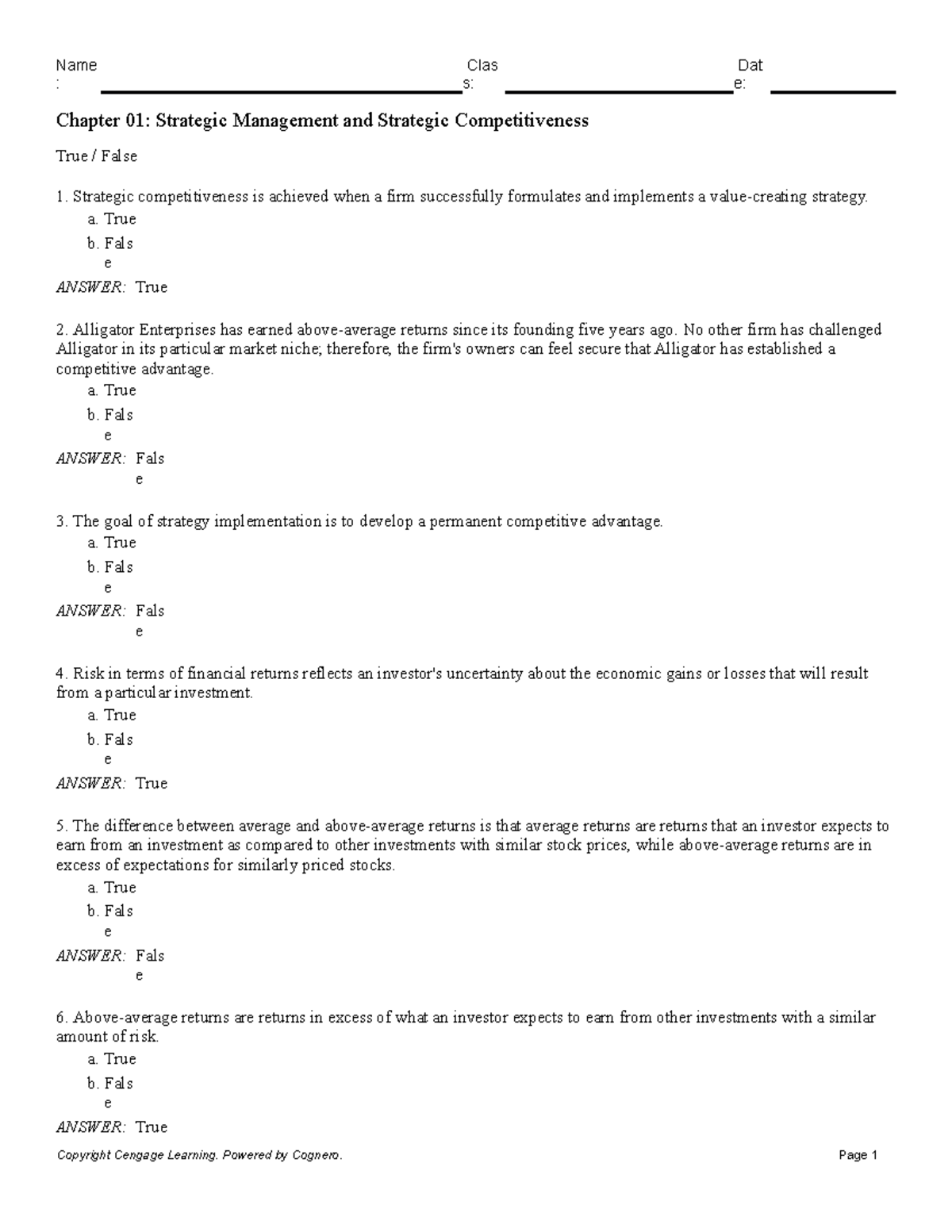 Chap 1 - Chapter 1 Test Bank - : S: E: Chapter 01: Strategic Management And Strategic - Studocu