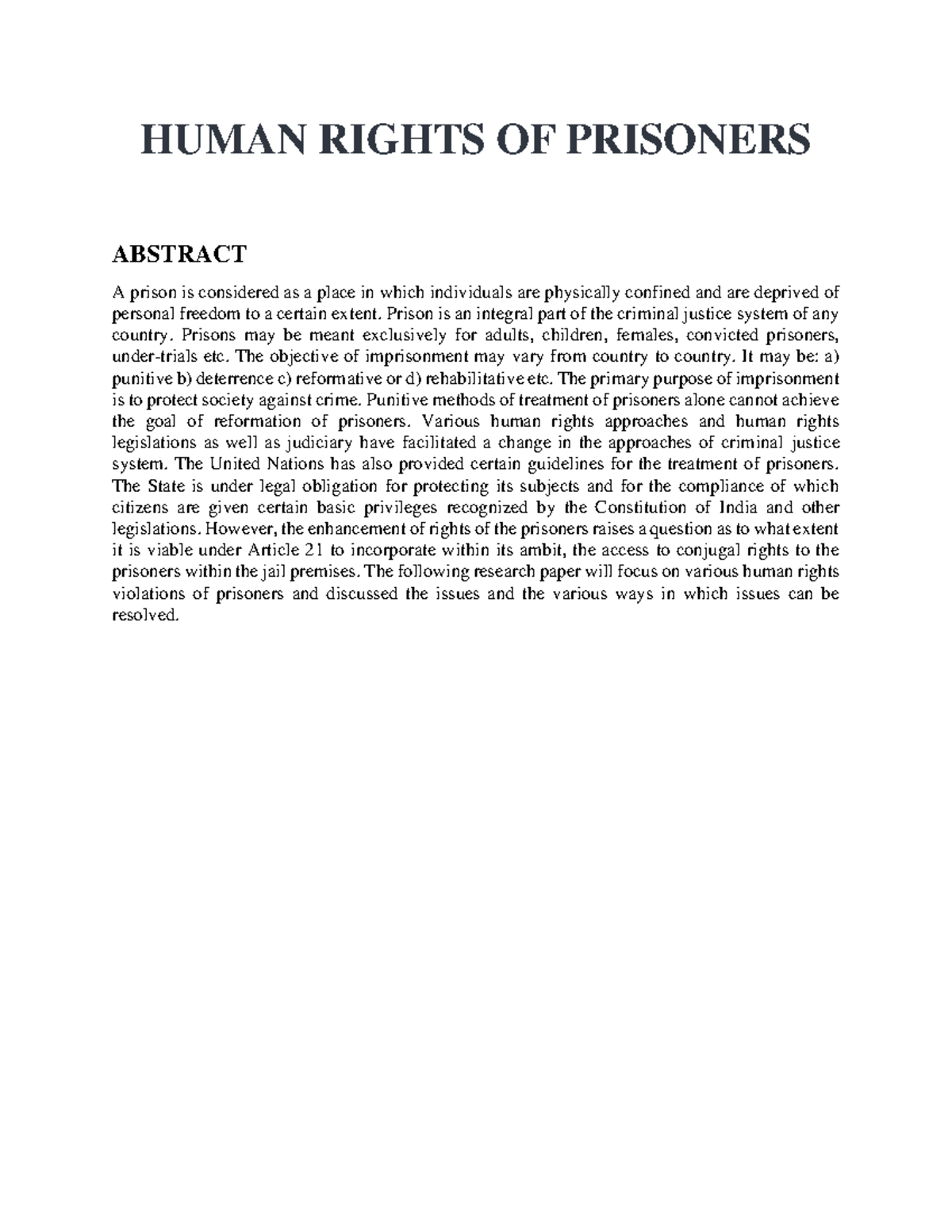 Human Rights Of Prisoners - HUMAN RIGHTS OF PRISONERS ABSTRACT A Prison ...