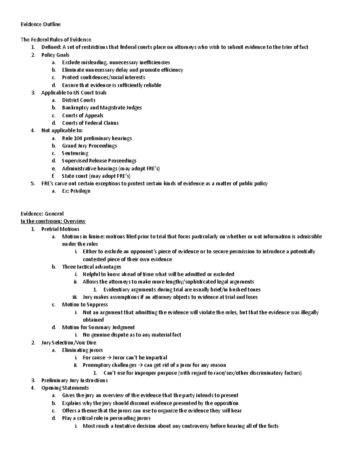 Evidence Outline 2017 - Evidence Outline The Federal Rules of Evidence ...