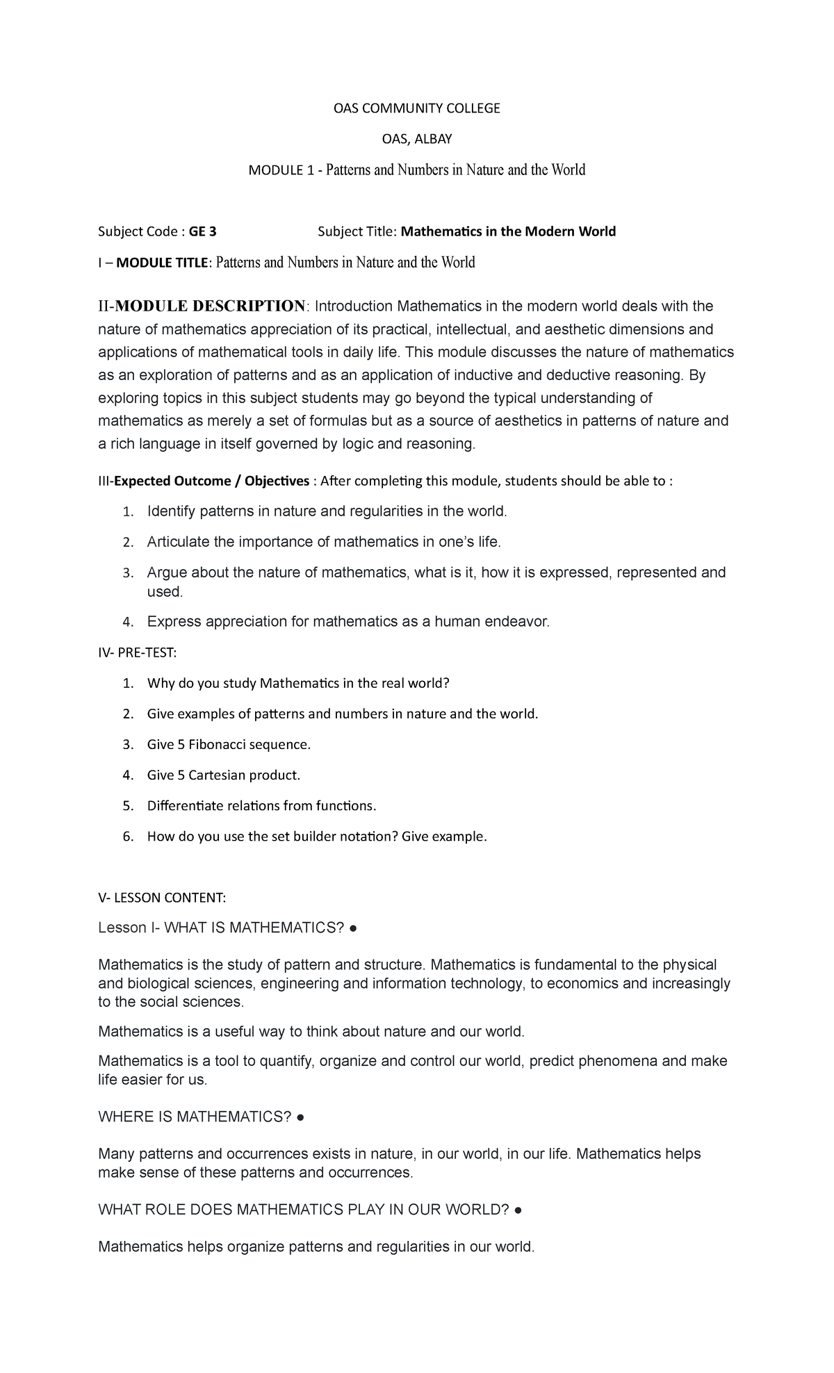 Module 1 Math in the Modern World - OAS COMMUNITY COLLEGE OAS, ALBAY ...