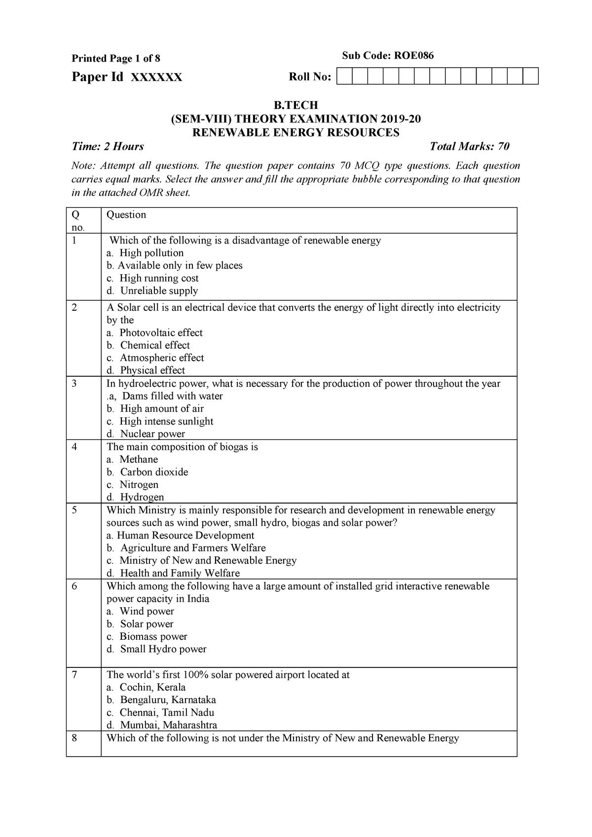 Renewable Energy Resources - Printed Page 1 of 8 Sub Code: ROE Paper Id ...