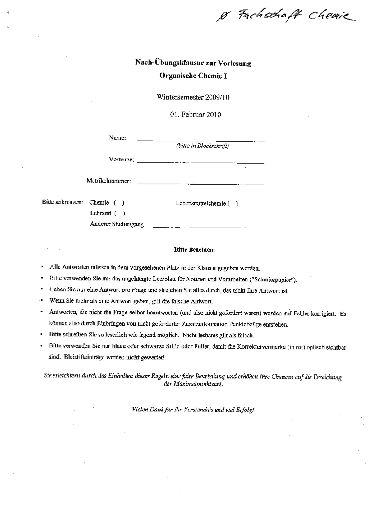 Bungsklausur Organische Chemie I 2010-02-01 - Einführung In Die Chemie ...