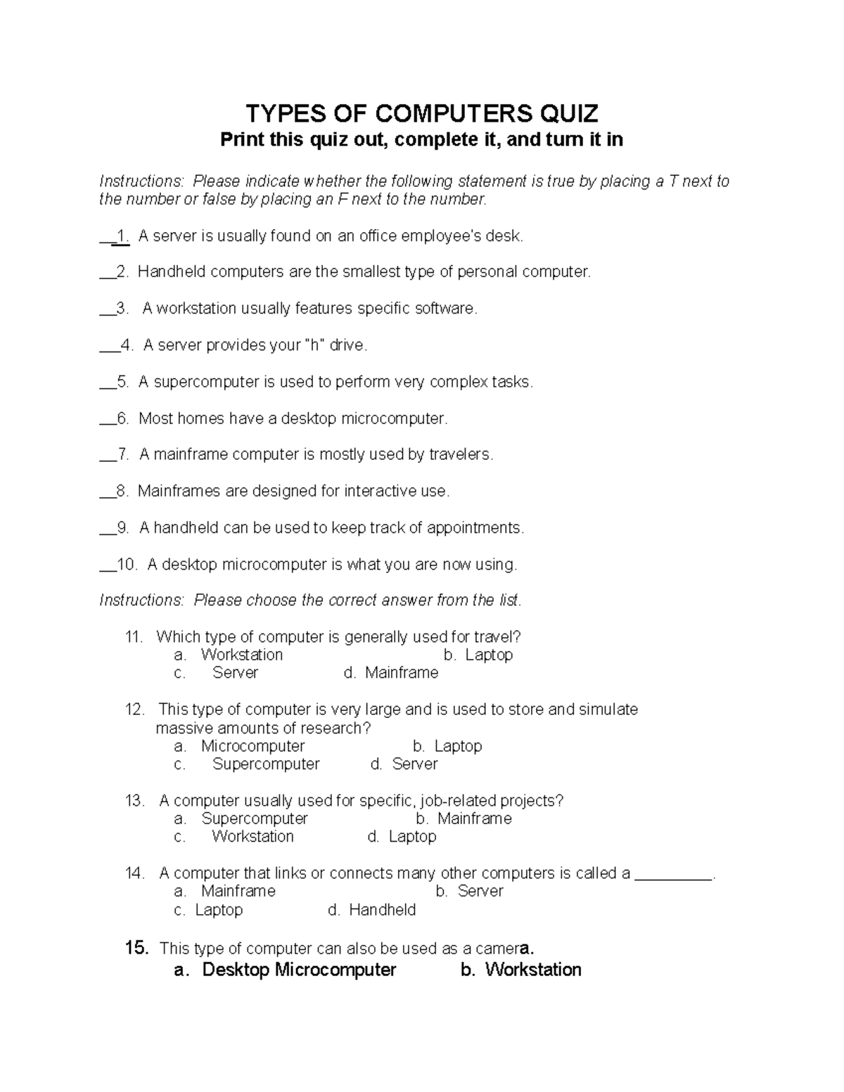 Types of computers quiz - TYPES OF COMPUTERS QUIZ Print this quiz out ...