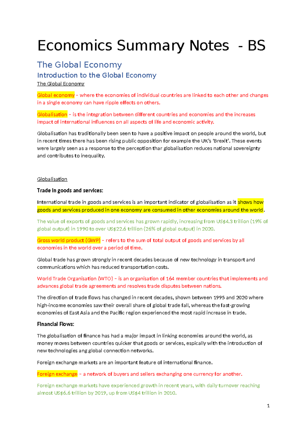 Economics Summary Notes - Globalisation – is the integration between ...