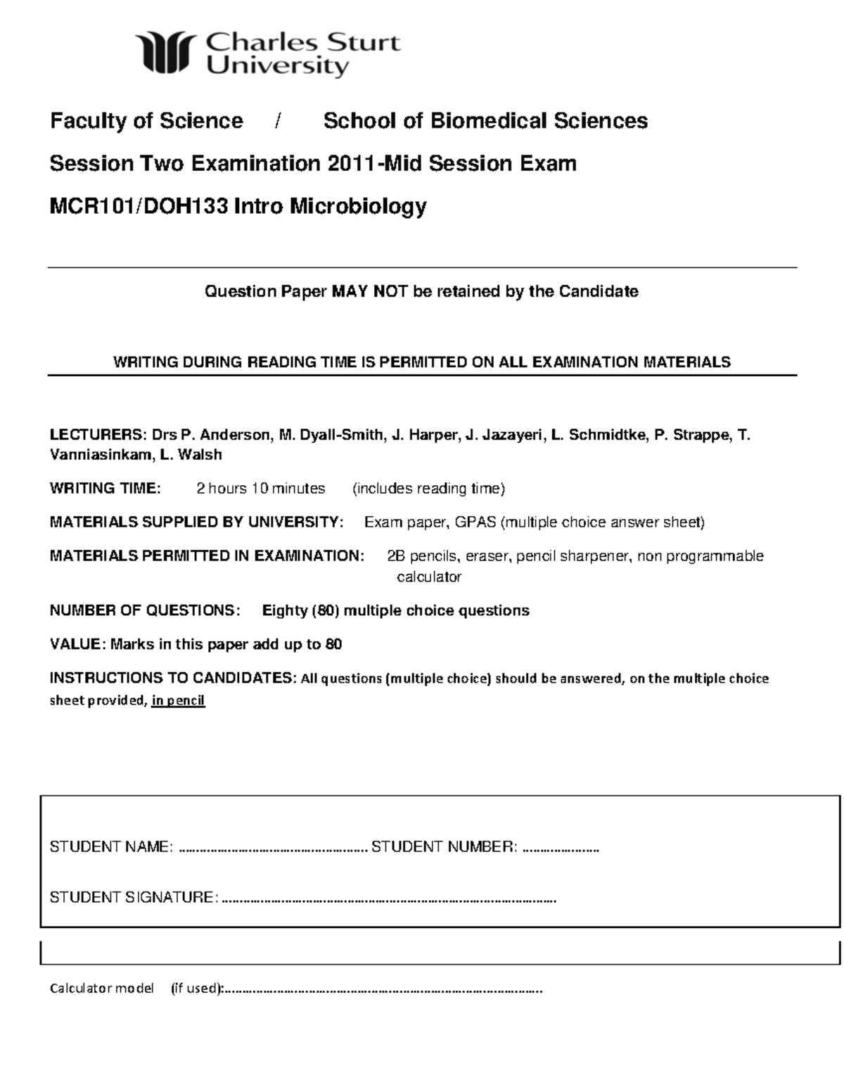 Exam 2011, questions and answers - Faculty of Science / School of ...