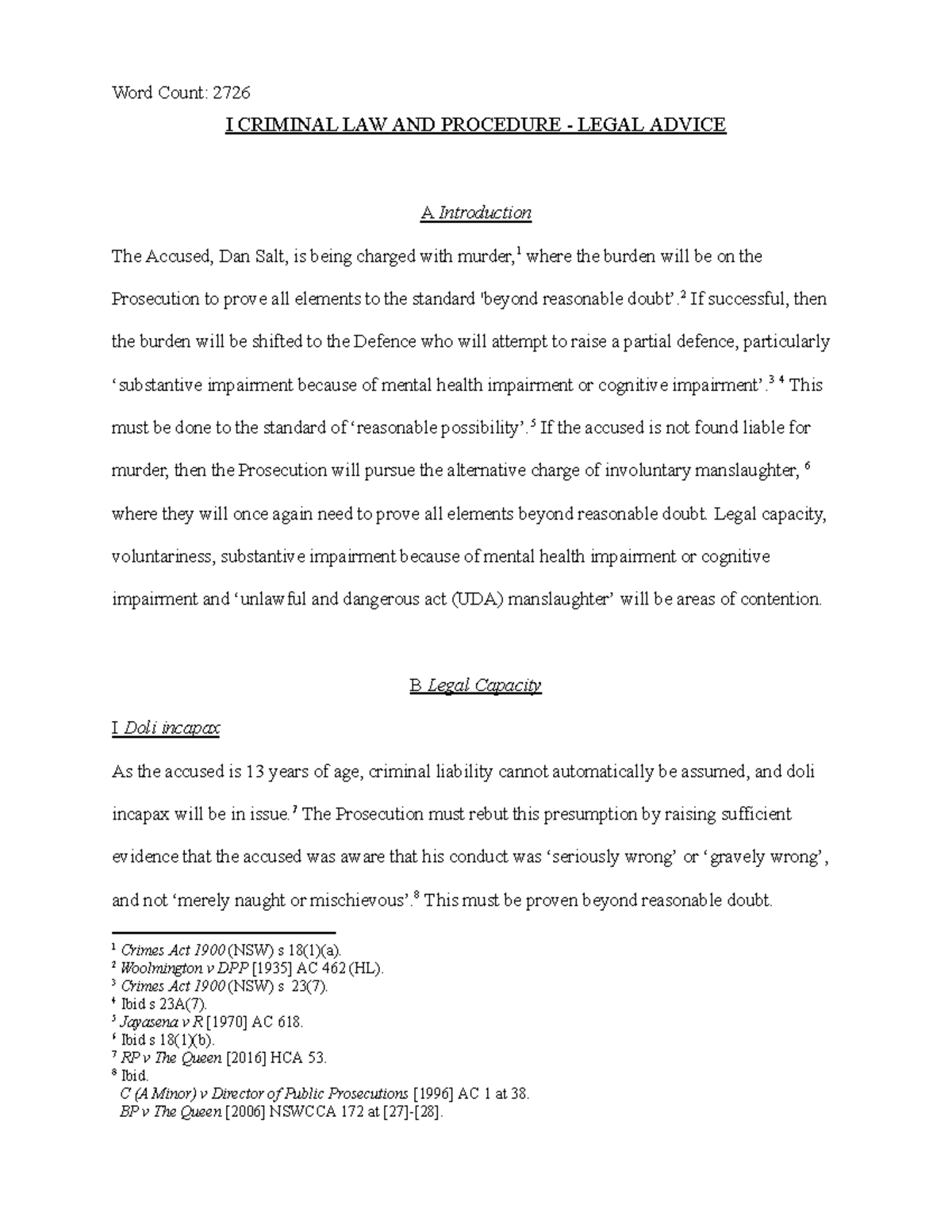 I Criminal LAW AND Procedure - Legal Advice - 24631766 - Word Count ...