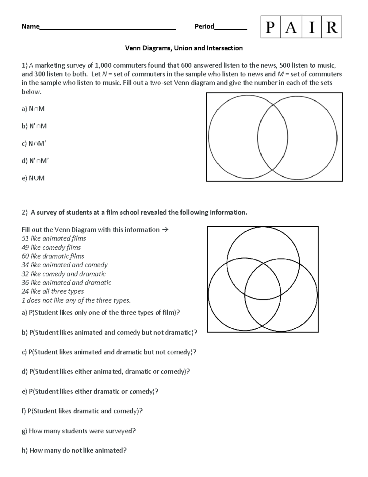 Venn Diagram Worksheet - Name ...