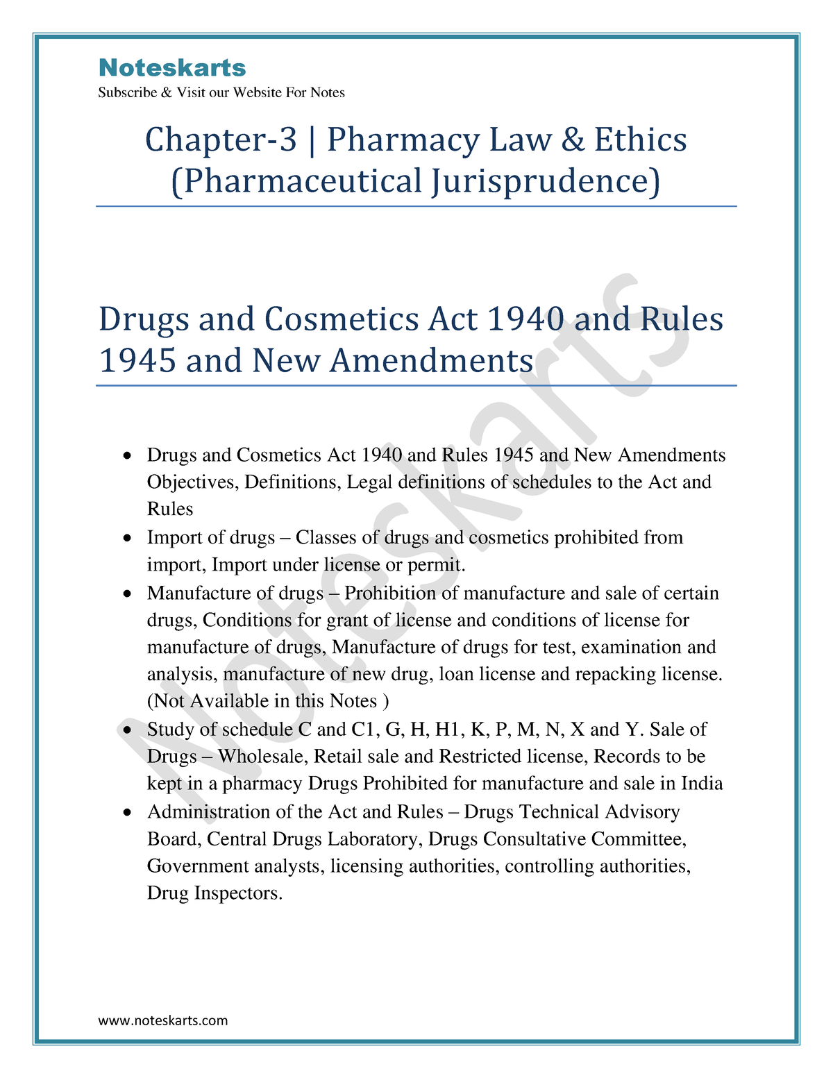 Chapter 3 Pharmacy Law And Ethics Notes Complete Notes By Noteskarts ...