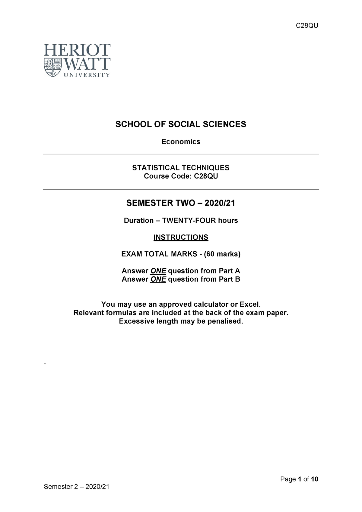 Practice stats final - Page 1 of 10 SCHOOL OF SOCIAL SCIENCES Economics ...