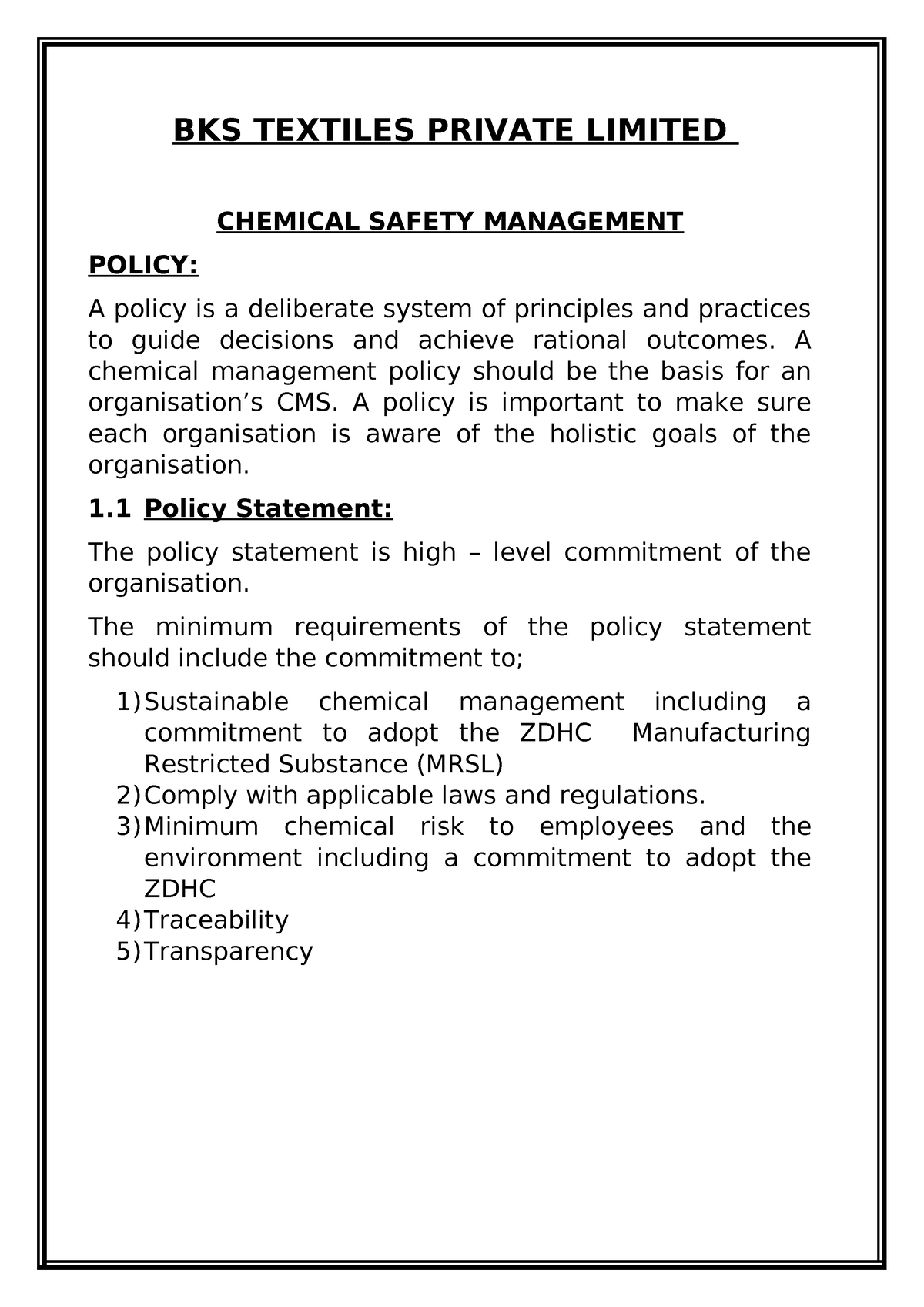 Chemical Management System - BKS TEXTILES PRIVATE LIMITED CHEMICAL ...