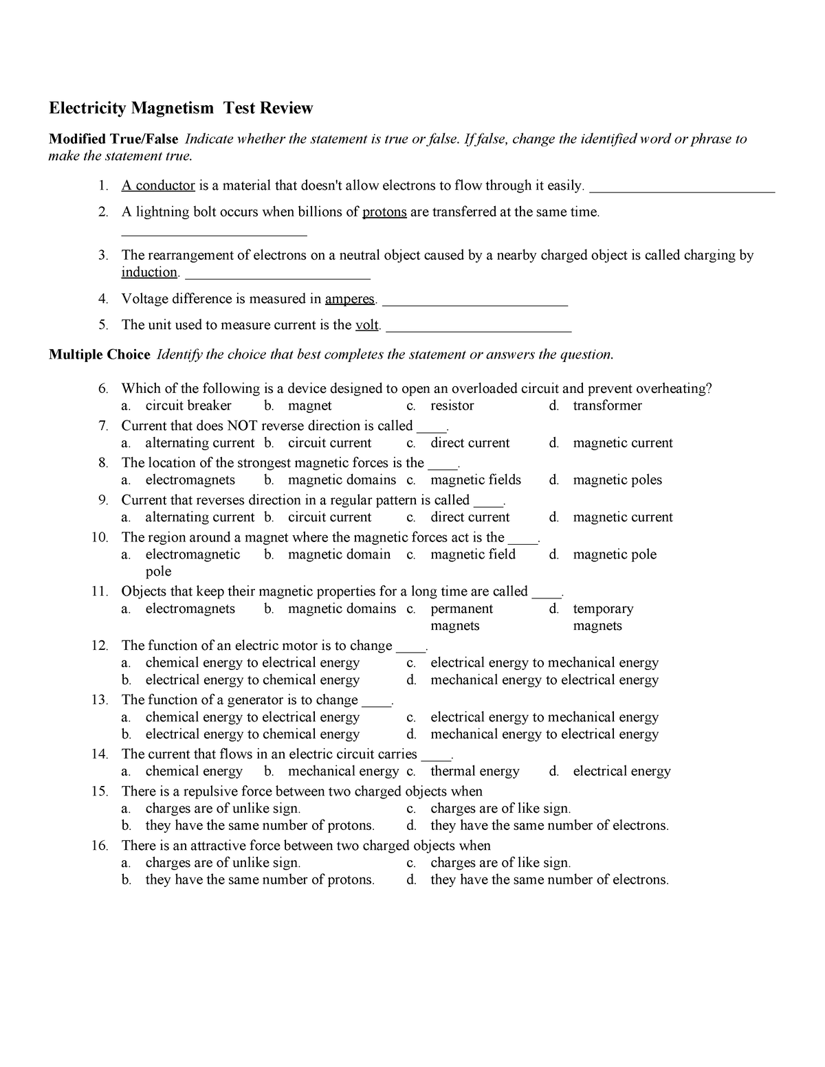 Electricity Magnetism test review w-key - Electricity Magnetism Test ...