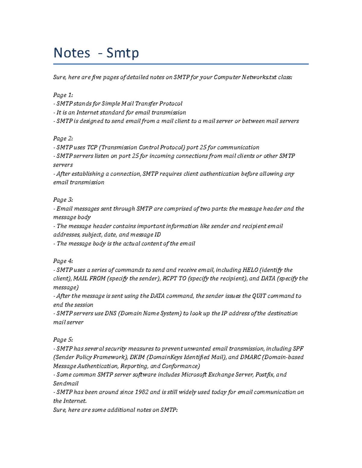 Notes on SMTP for Computer Networks - Studocu