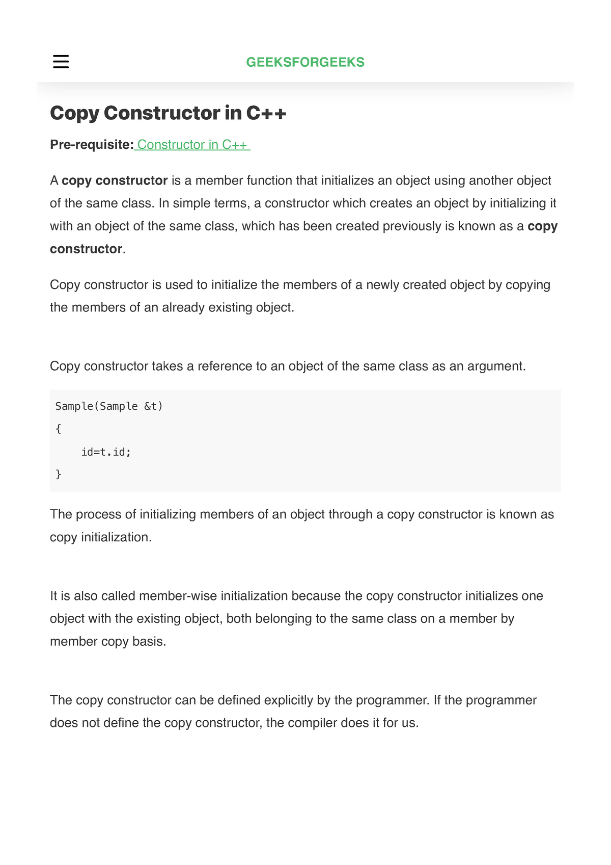 copy assignment constructor in c