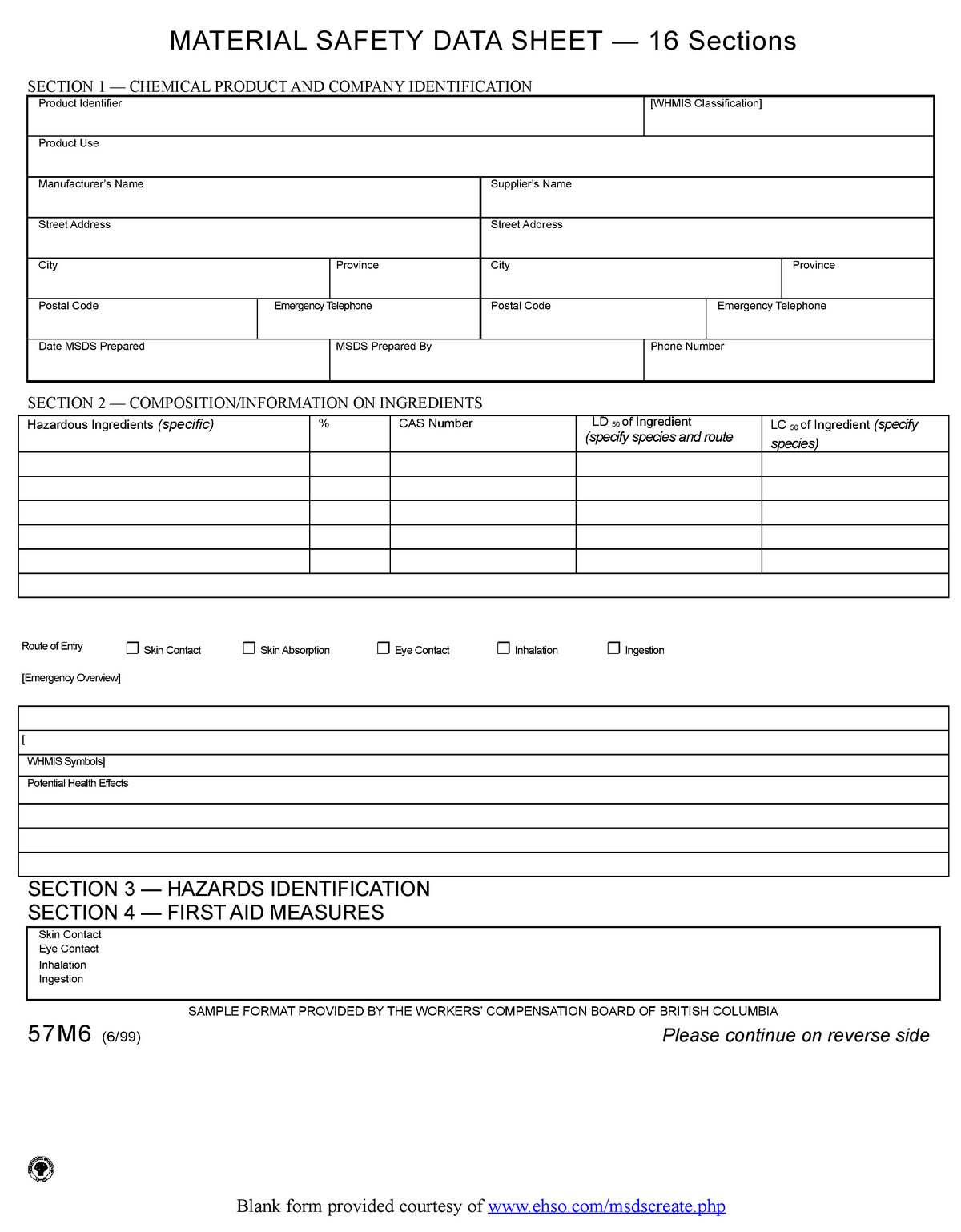 MSDS blank for chemical agents - MATERIAL SAFETY DATA SHEET — 16 ...