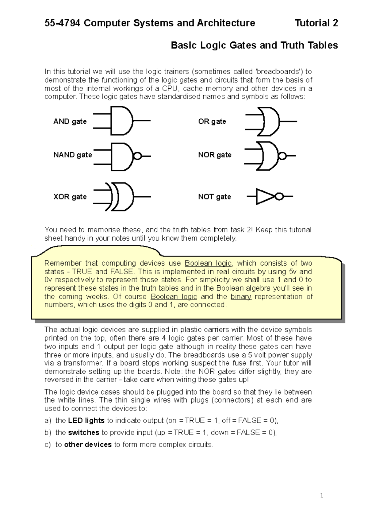 Tutorial 2 - Basic Logic Gates - 55-4794 Computer Systems and ...