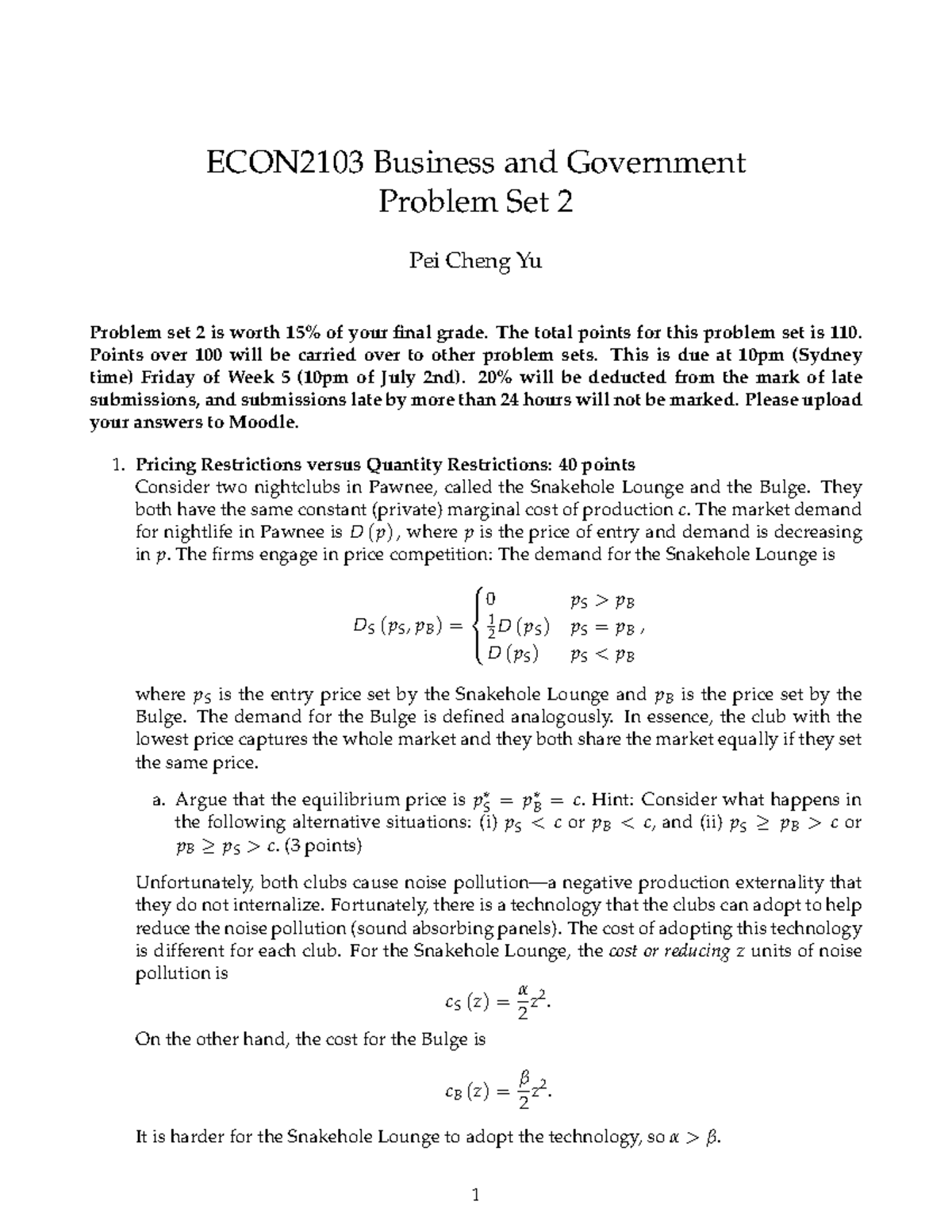Problem Set 2 econ pratice - ECON2103 Business and Government Problem ...